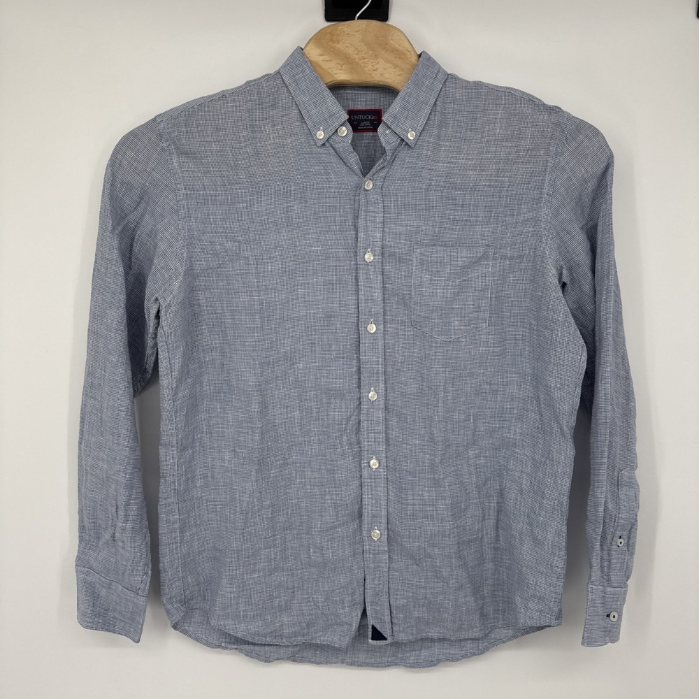 UNTUCKit Men's 100% Linen Button Down Pocket Blue Check Shirt Large Summer Beach